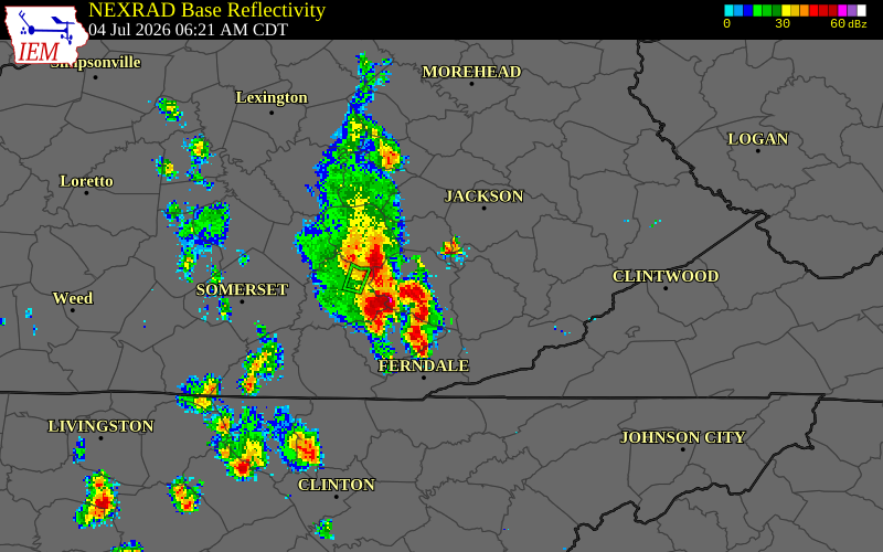 NEXRAD radar during the Saturday, July 4, 2026 storm activity in Jackson County, Kentucky