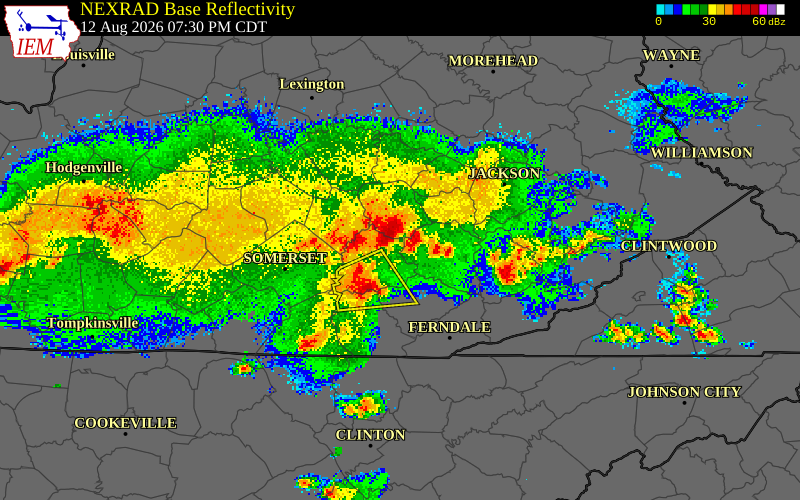 NEXRAD radar during the Wednesday, August 12, 2026 storm activity in Jackson County, Kentucky