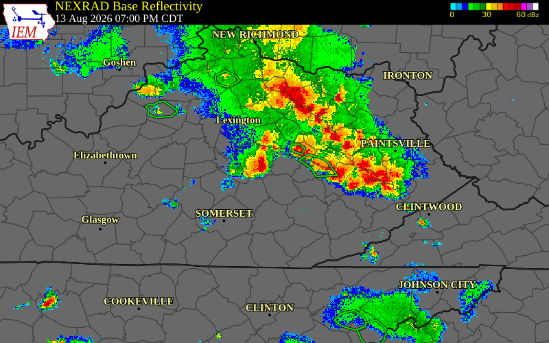 Radar snapshot during the Aug 1, 2026 wind event near Jackson County, Jackson County, Kentucky, with NWS warning polygons