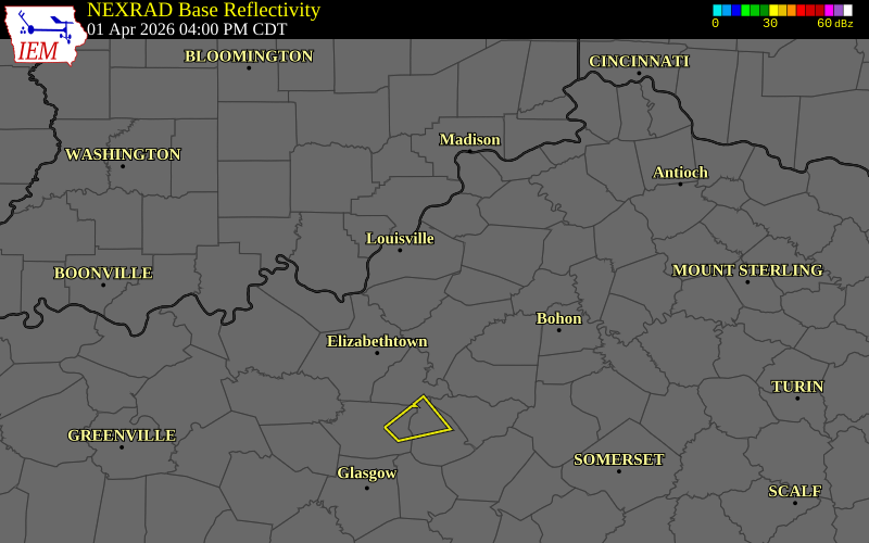 NEXRAD radar during the Wednesday, April 1, 2026 storm activity in Jefferson County, Kentucky