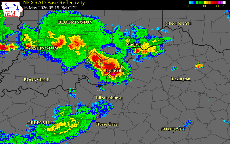 NEXRAD radar during the Saturday, May 16, 2026 storm activity in Jefferson County, Kentucky