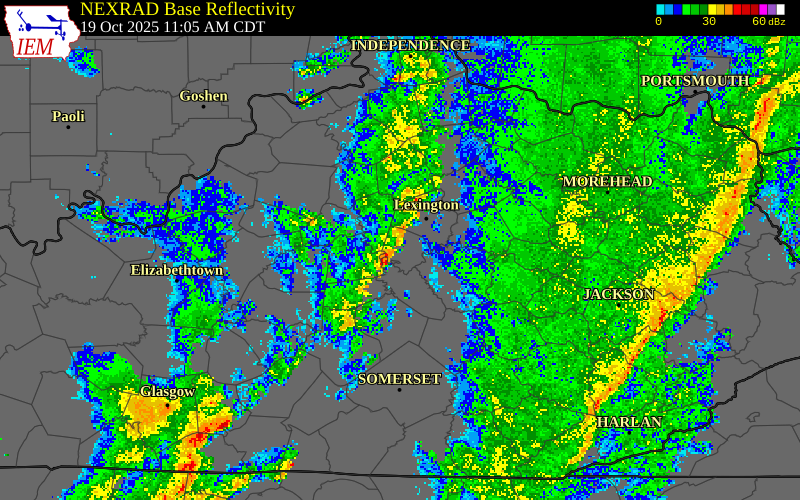 NEXRAD radar during the Sunday, October 19, 2025 storm activity in Jessamine County, Kentucky