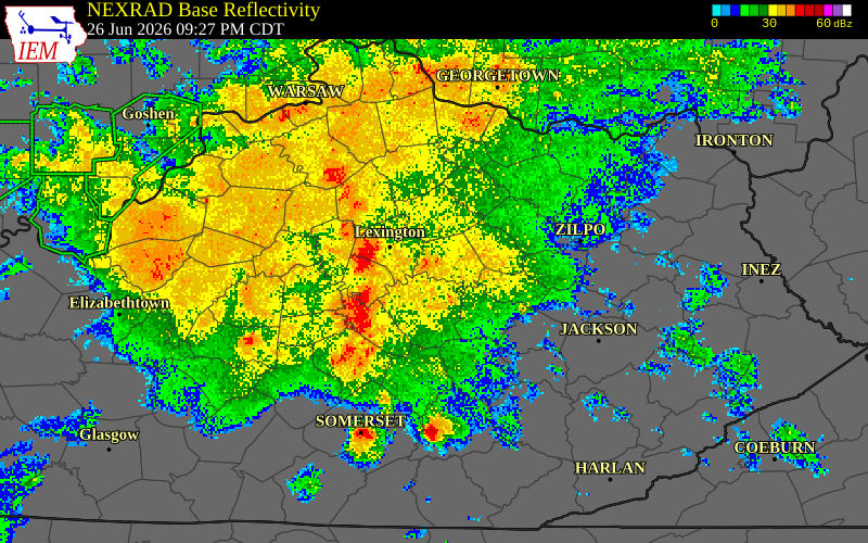NEXRAD radar during the Friday, June 26, 2026 storm activity in Jessamine County, Kentucky