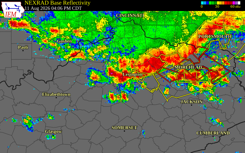 NEXRAD radar during the Tuesday, August 11, 2026 storm activity in Jessamine County, Kentucky