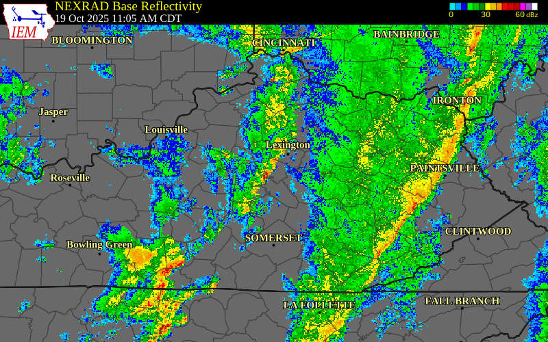 Radar snapshot during the Oct 19, 2025 tornado event near 2 W Nicholasville, Jessamine County, Kentucky, with NWS warning polygons
