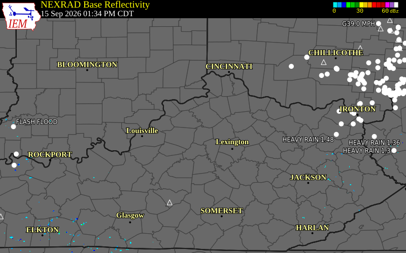 Current NEXRAD radar over Jessamine County, Kentucky with recent storm report locations