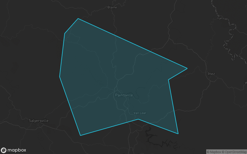 Map of Johnson County, Kentucky showing the county boundary and surrounding cities