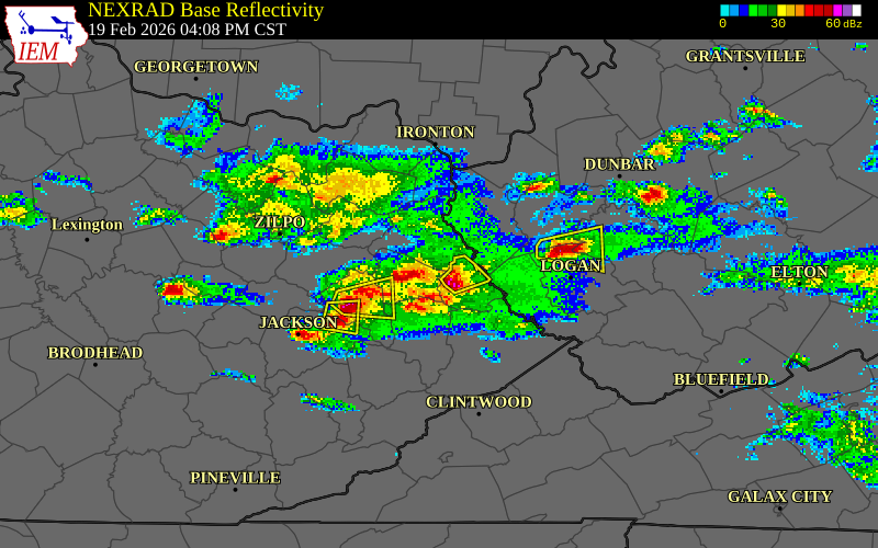 NEXRAD radar during the Thursday, February 19, 2026 storm activity in Johnson County, Kentucky