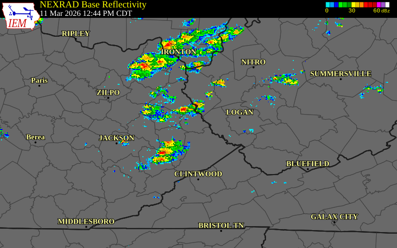 NEXRAD radar during the Wednesday, March 11, 2026 storm activity in Johnson County, Kentucky