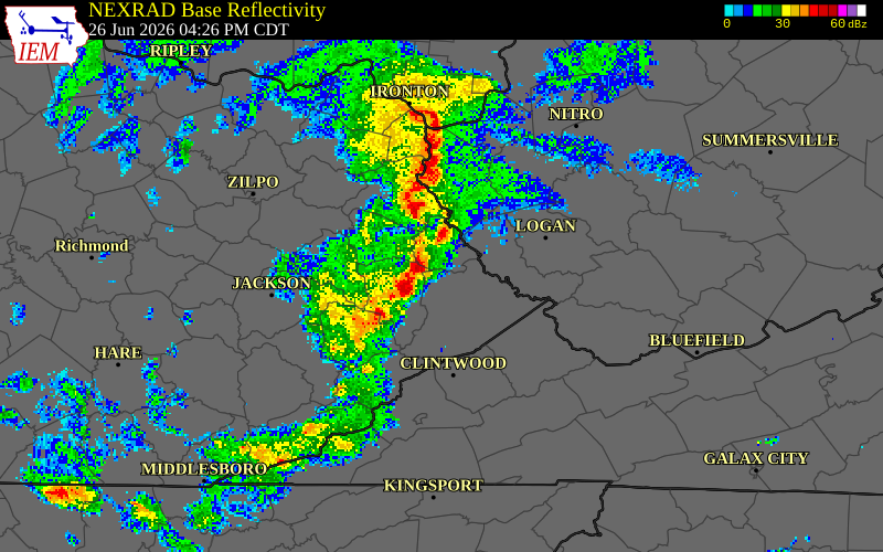 NEXRAD radar during the Friday, June 26, 2026 storm activity in Johnson County, Kentucky