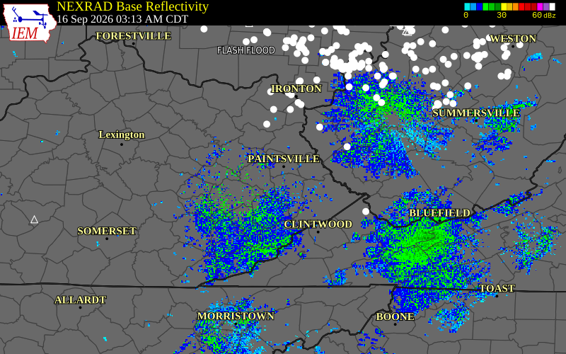 Current NEXRAD radar over Johnson County, Kentucky with recent storm report locations