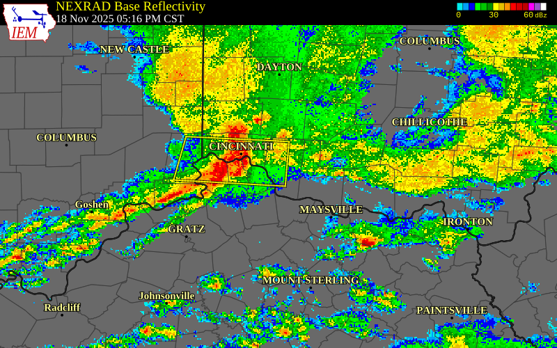 NEXRAD radar during the Tuesday, November 18, 2025 storm activity in Kenton County, Kentucky