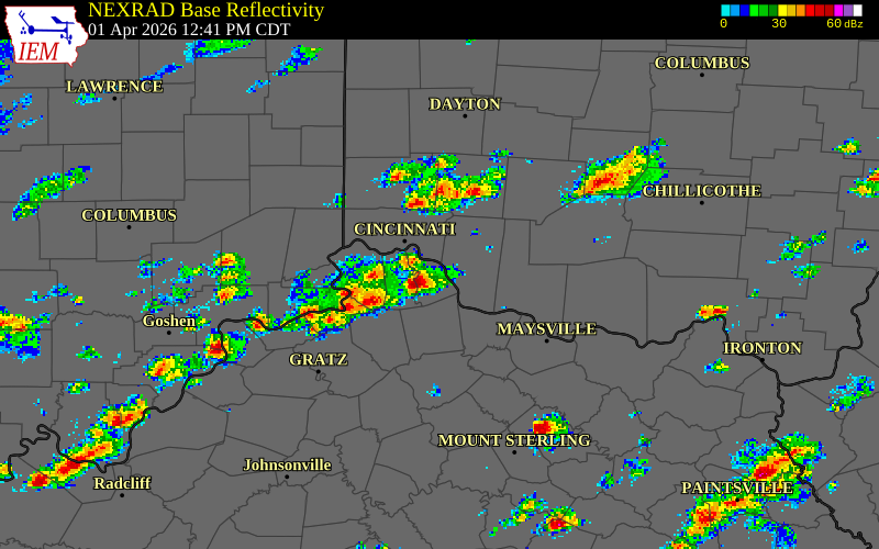 NEXRAD radar during the Wednesday, April 1, 2026 storm activity in Kenton County, Kentucky