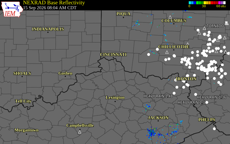 Current NEXRAD radar over Kenton County, Kentucky with recent storm report locations