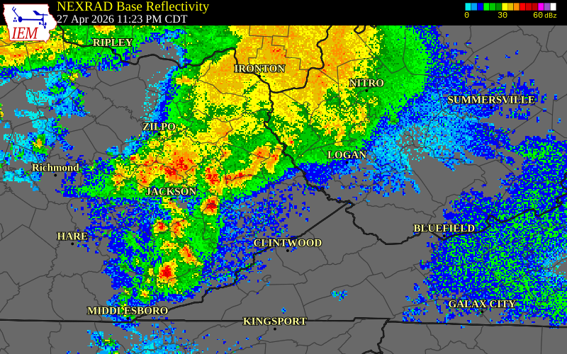 NEXRAD radar during the Tuesday, April 28, 2026 storm activity in Knott County, Kentucky