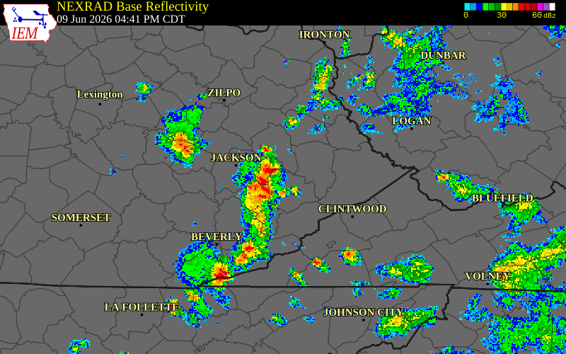 NEXRAD radar during the Tuesday, June 9, 2026 storm activity in Knott County, Kentucky