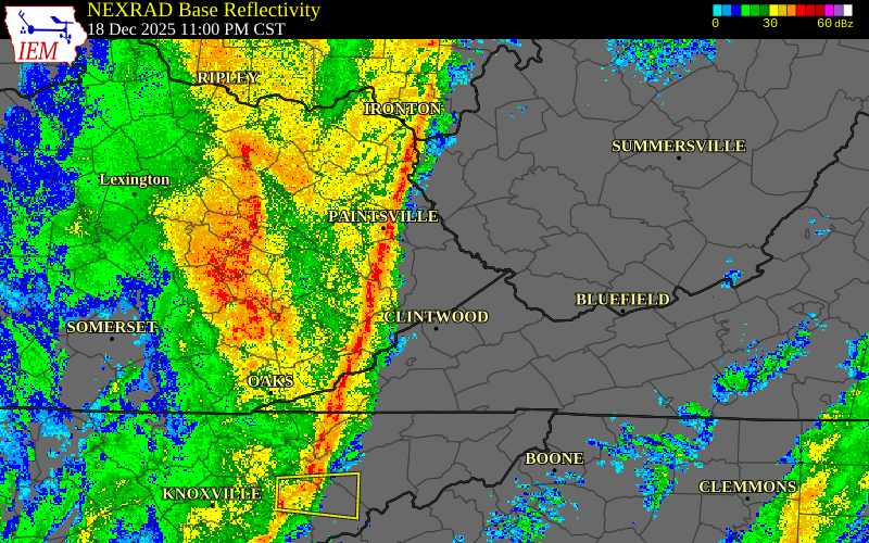 Radar snapshot during the Dec 19, 2025 wind event near Knott County, Knott County, Kentucky, with NWS warning polygons