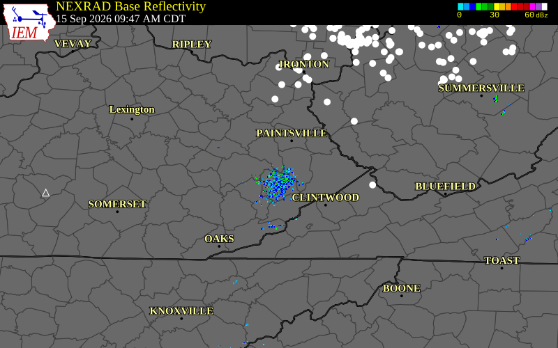 Current NEXRAD radar over Knott County, Kentucky with recent storm report locations