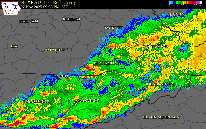NEXRAD radar during the Friday, November 7, 2025 storm activity in Knox County, Kentucky