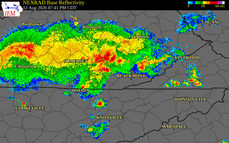 NEXRAD radar during the Wednesday, August 12, 2026 storm activity in Knox County, Kentucky