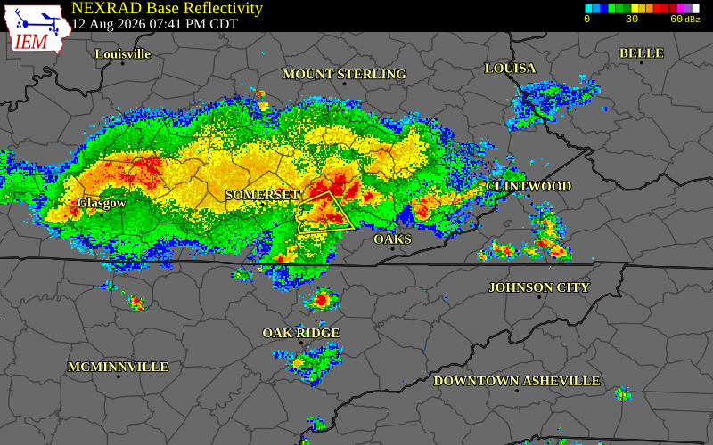 Radar snapshot during the Aug 12, 2026 wind event near Knox County, Knox County, Kentucky, with NWS warning polygons