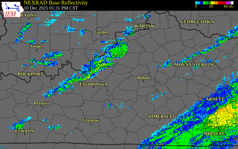 NEXRAD radar during the Wednesday, December 10, 2025 storm activity in Larue County, Kentucky