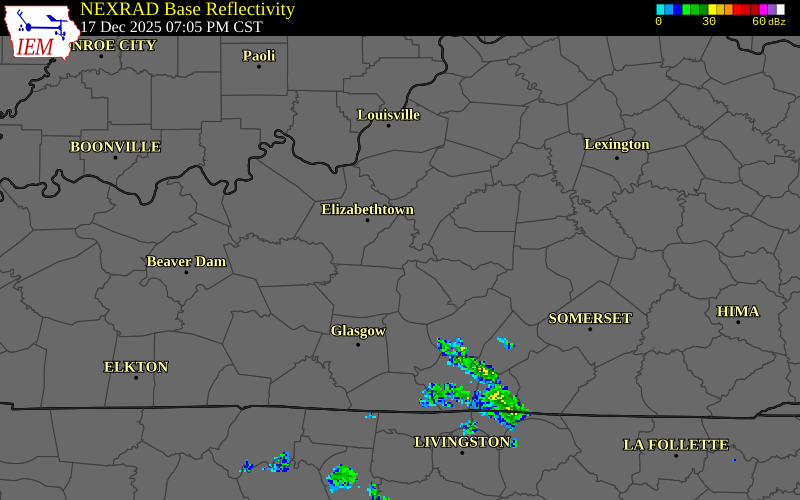 NEXRAD radar during the Wednesday, December 17, 2025 storm activity in Larue County, Kentucky