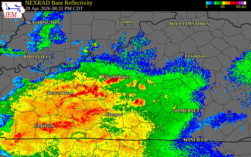 NEXRAD radar during the Tuesday, April 28, 2026 storm activity in Larue County, Kentucky