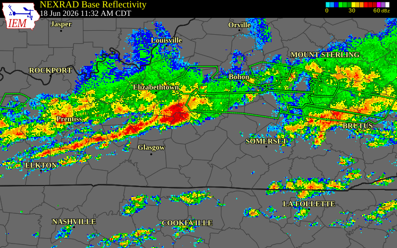 NEXRAD radar during the Thursday, June 18, 2026 storm activity in Larue County, Kentucky