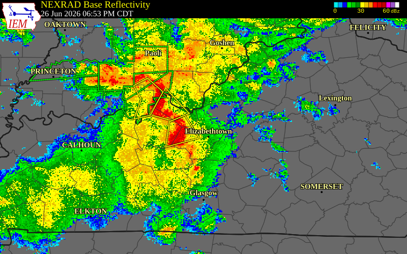 NEXRAD radar during the Friday, June 26, 2026 storm activity in Larue County, Kentucky