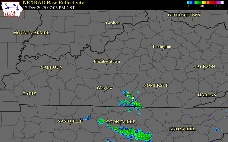Radar snapshot during the Dec 17, 2025 tornado event near 1 ENE Buffalo, Larue County, Kentucky, with NWS warning polygons