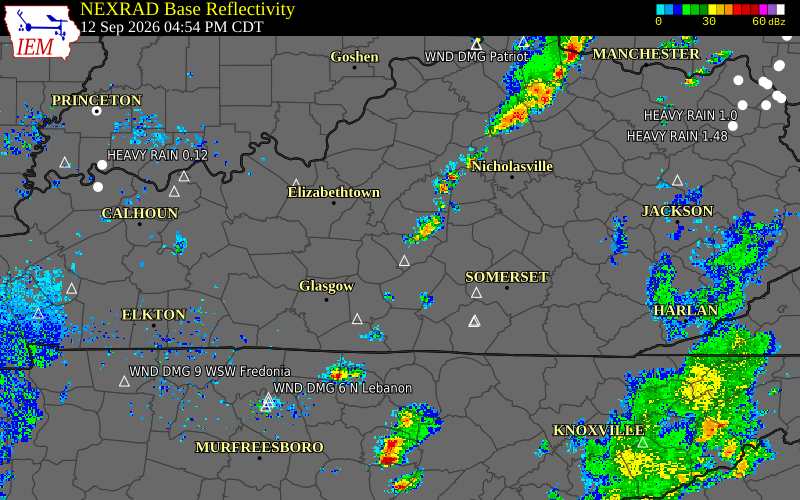 Current NEXRAD radar over Larue County, Kentucky with recent storm report locations