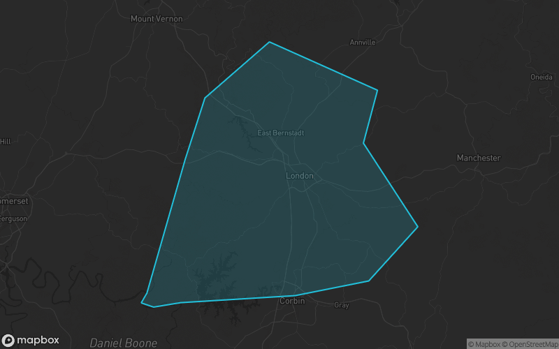Map of Laurel County, Kentucky showing the county boundary and surrounding cities