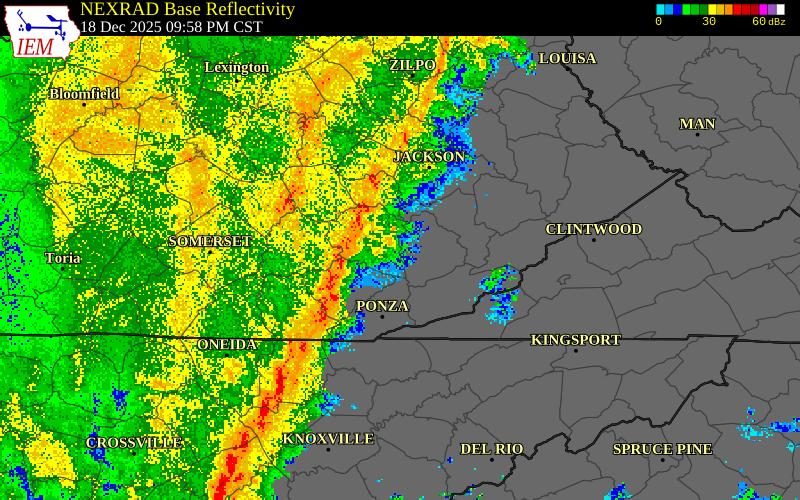NEXRAD radar during the Thursday, December 18, 2025 storm activity in Laurel County, Kentucky
