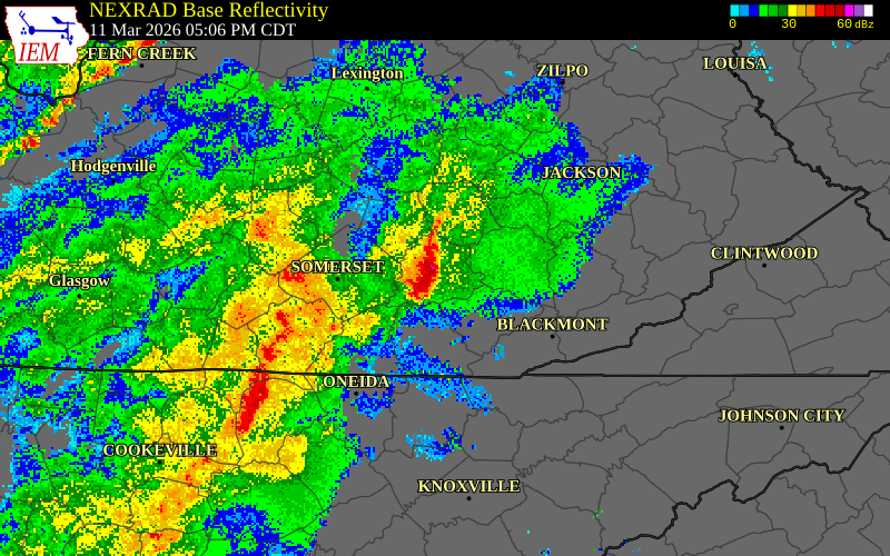 NEXRAD radar during the Wednesday, March 11, 2026 storm activity in Laurel County, Kentucky