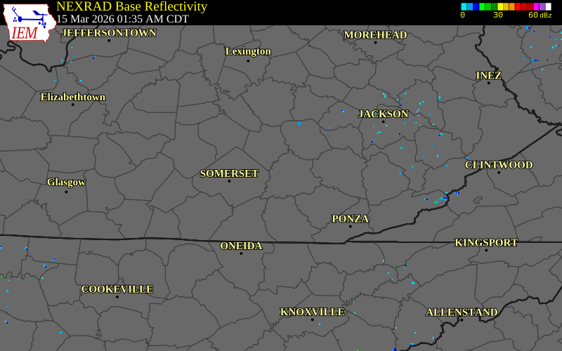 NEXRAD radar during the Sunday, March 15, 2026 storm activity in Laurel County, Kentucky
