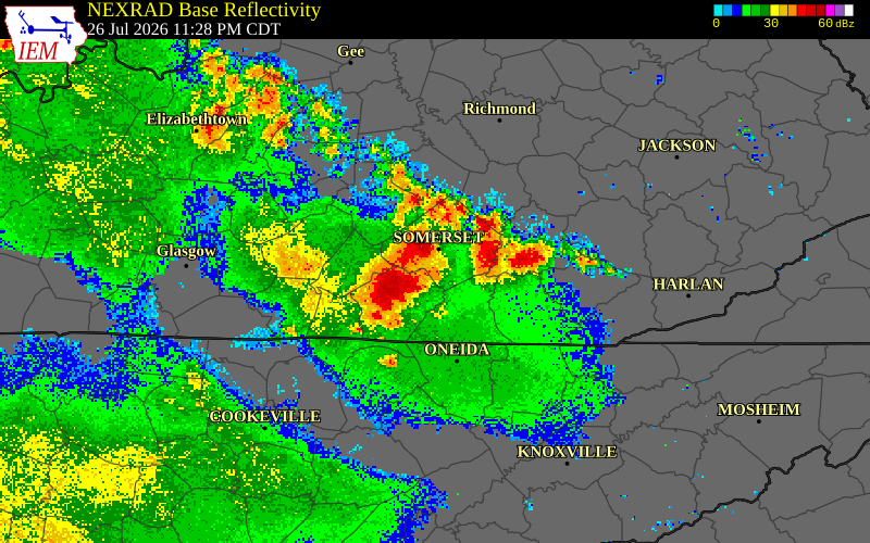 NEXRAD radar during the Monday, July 27, 2026 storm activity in Laurel County, Kentucky