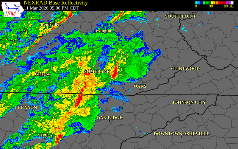 Radar snapshot during the Mar 11, 2026 wind event near London-Corbin Airport, Laurel County, Kentucky, with NWS warning polygons