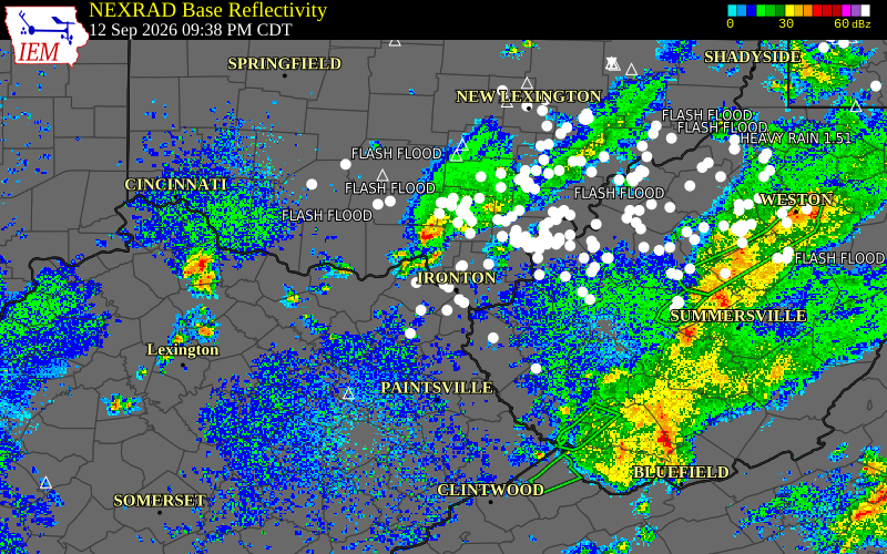 Current NEXRAD radar over Lawrence County, Kentucky with recent storm report locations
