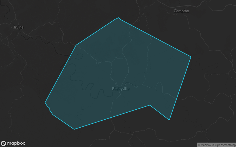 Map of Lee County, Kentucky showing the county boundary and surrounding cities