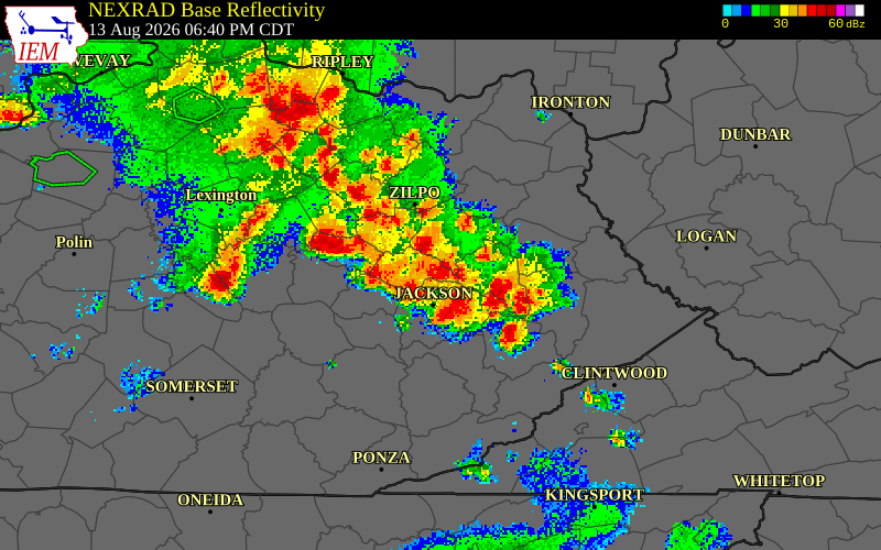 NEXRAD radar during the Thursday, August 13, 2026 storm activity in Lee County, Kentucky