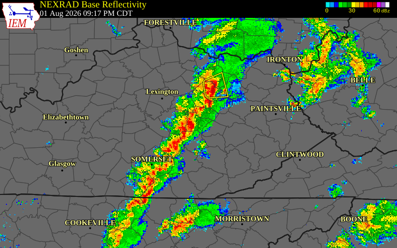 Radar snapshot during the Aug 1, 2026 wind event near Lee County, Lee County, Kentucky, with NWS warning polygons