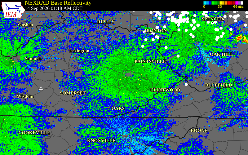 Current NEXRAD radar over Lee County, Kentucky with recent storm report locations