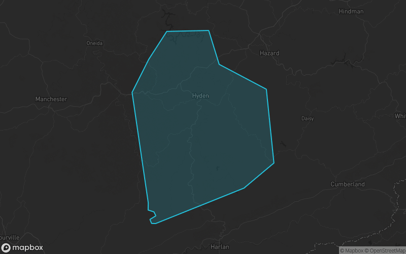 Map of Leslie County, Kentucky showing the county boundary and surrounding cities