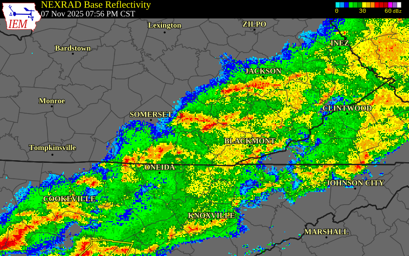 NEXRAD radar during the Friday, November 7, 2025 storm activity in Leslie County, Kentucky