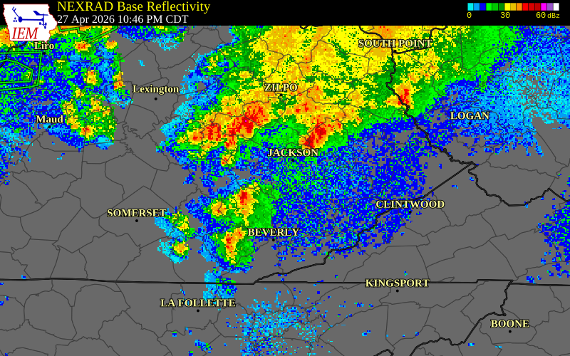 NEXRAD radar during the Monday, April 27, 2026 storm activity in Leslie County, Kentucky