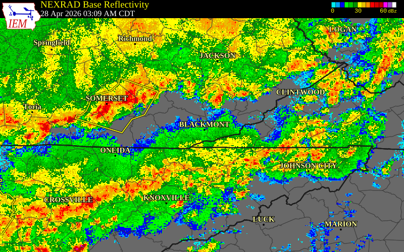 NEXRAD radar during the Tuesday, April 28, 2026 storm activity in Leslie County, Kentucky