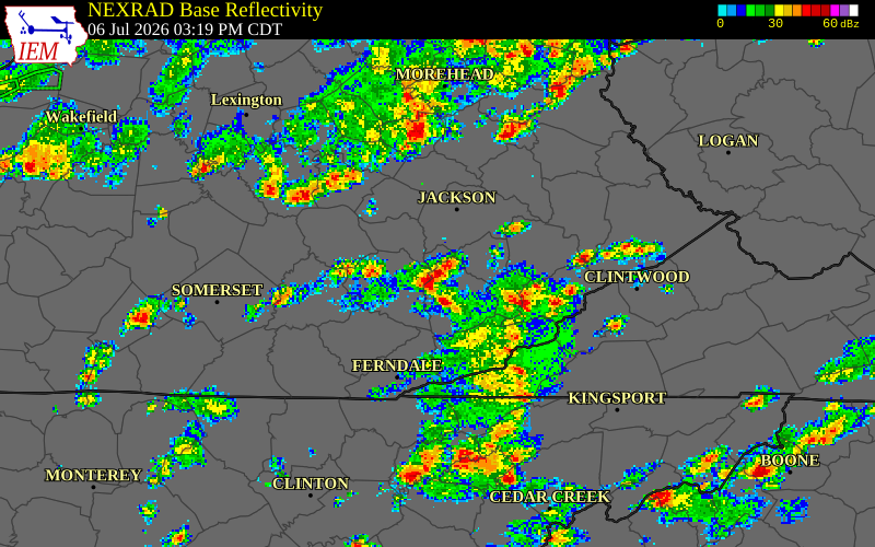 NEXRAD radar during the Monday, July 6, 2026 storm activity in Leslie County, Kentucky