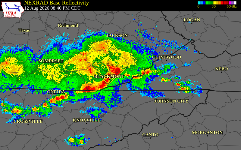 NEXRAD radar during the Wednesday, August 12, 2026 storm activity in Leslie County, Kentucky