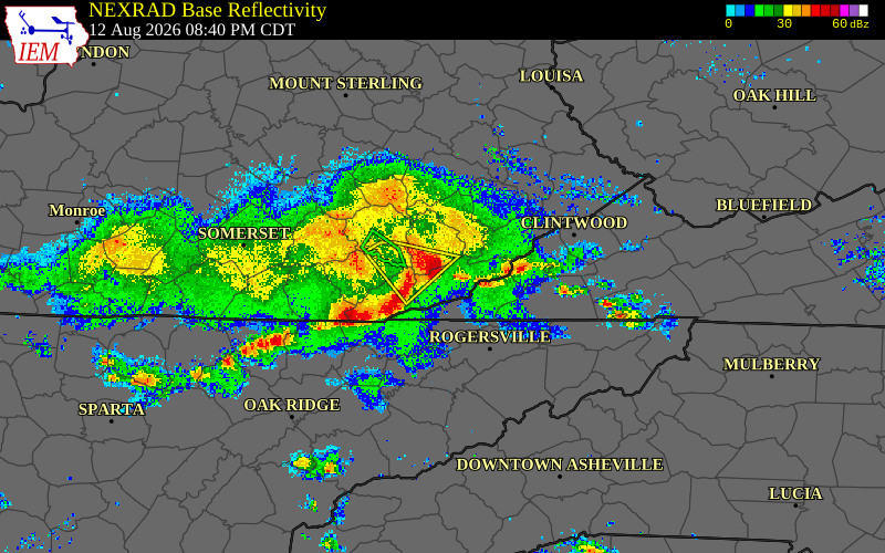 Radar snapshot during the Aug 12, 2026 wind event near Leslie County, Leslie County, Kentucky, with NWS warning polygons